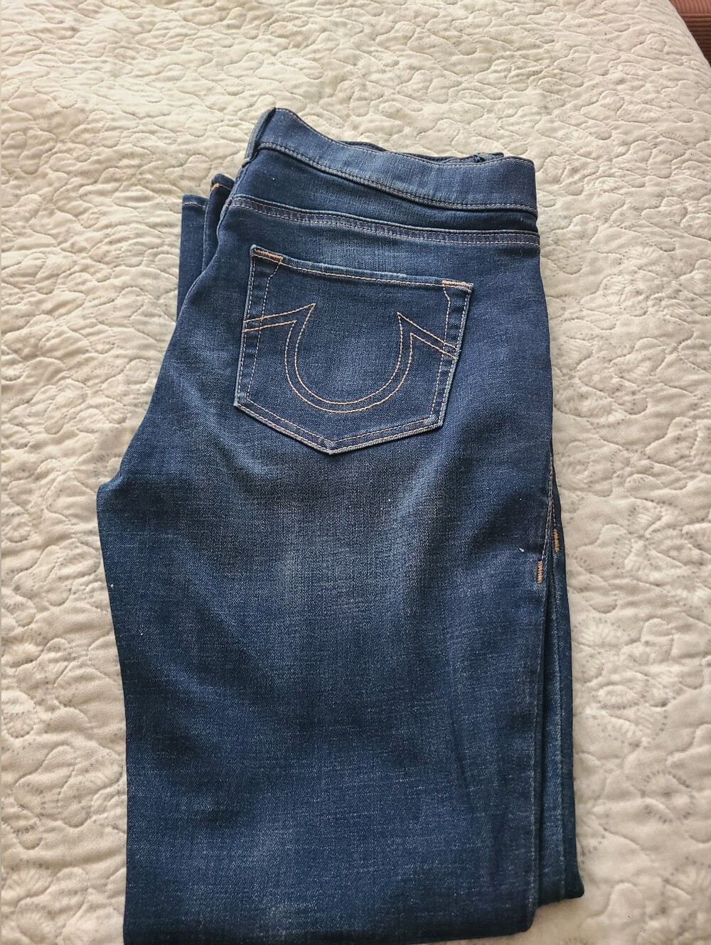 True Religion Women's Dark Blue Skinny Jeans with Signature Pocket Stitch